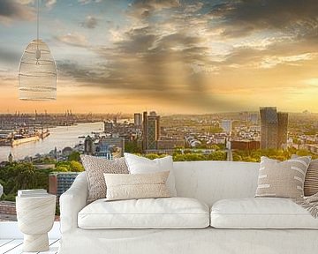 Hamburg skyline in the sunset.