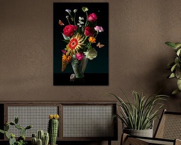 Bloemenschilderij Boeket in groene vaas met schelp van Sander Van Laar