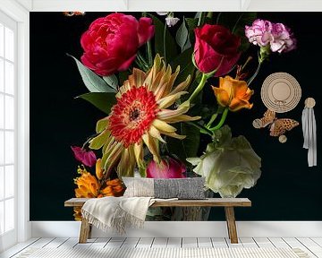 Stilleven met bloemen "Boeket in groene vaas met schelp" van Sander Van Laar