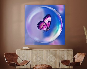 Roze vlinder in zwevende zeepbel van Maud De Vries