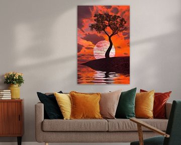 Coucher de soleil rouge flamboyant avec silhouette d'arbre debout sur Maud De Vries