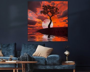 Impressive red sunset with tree by Maud De Vries