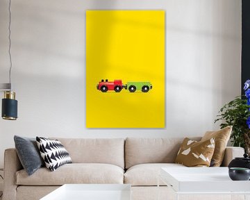Houten speelgoed trein met wagon op gele achtergrond van Anton Hammenecker