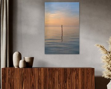 Pole of a fishing net in the IJsselmeer in the color of the sunset by Harrie Muis