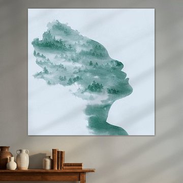 Let it go (green watercolor painting portrait woman forest trees silhouette face square abstract) by Natalie Bruns