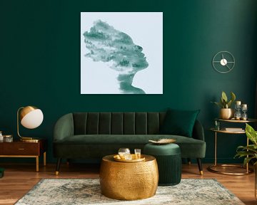 Lassen Sie es gehen (grünes Aquarell Gemälde Porträt Frau Wald Bäume Silhouette Gesicht Quadrat abst von Natalie Bruns