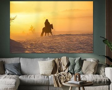 Een ruiter met paard, mist, sneeuw en de zon. Zo mooi, zo bijzonder  Foto 2 van Natuurpracht   Kees Doornenbal