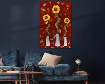 Digitale Malerei Stillleben mit 3 Sonnenblumen von Maud De Vries