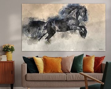 Digital Art. / Watercolor of a black horse running through the pasture by Gelissen Artworks