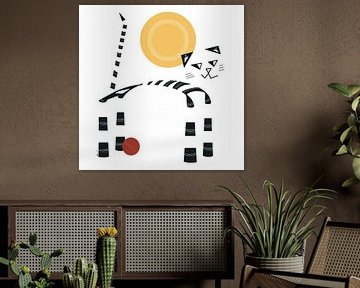 De gestreepte kat met bal - zwartwit illustratie van Linda van Moerkerken