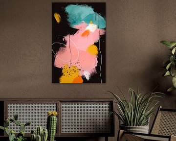 Abstract artwork in roze, blauw/groen, mosterdgeel, zwart en wit wit van Carla Van Iersel