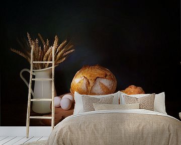 Stilleven met brood,eieren,tarwe .