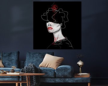 Abstraktes Porträt einer Frau mit roten und weißen Fäden, die schwarz "fixiert" sind von Tonje Brackx
