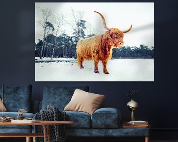 Scottish Highlander cattle in the snow during winter in a forest by Sjoerd van der Wal Photography