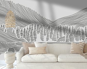 Feld mit Kühen inmitten der Berge (abstrakte Strichzeichnung Landschaft Tiere Natur Wald Hügel Stric von Natalie Bruns
