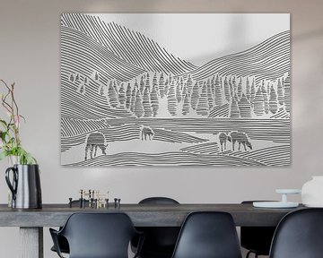 Veld met koeien tussen de bergen (abstract lijntekening landschap dieren natuur bos heuvels line art van Natalie Bruns