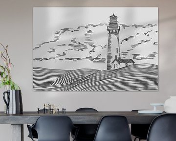 Vuurtoren met donkere wolken (abstract lijntekening landschap heuvels line art beige zee lichttoren)
