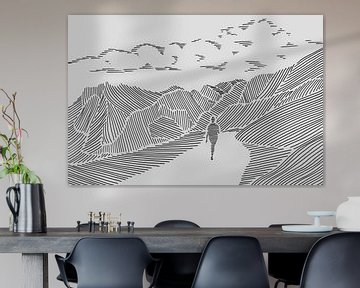 Wandelen in de bergen (abstract lijntekening landschap natuur heuvels strepen man vrouw line art) van Natalie Bruns