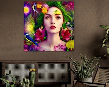 Garten Eden III - Porträt einer Frau zwischen Blumen und Vögeln - farbige Illustration von Lily van Riemsdijk - Art Prints with Color