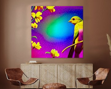 Garden of Eden V - Bont gekleurde vogel op een tak met bloemen in de nacht - digitale illustratie van Lily van Riemsdijk - Art Prints with Color