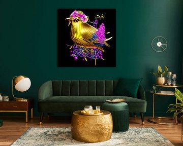 Garden of Eden VII  - Vogel van goud met decorative paarse elementen op zwart - digitale illustratie van Lily van Riemsdijk - Art Prints with Color