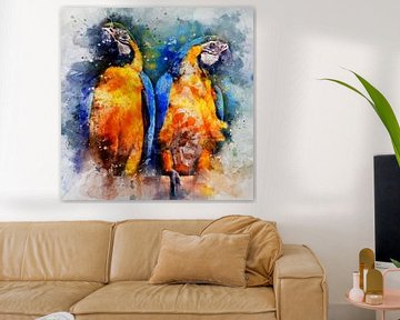 Twee Papegaaien, aquarel van twee blauw-gele ara's in geel, oranje, blauw | The Bird Collection van MadameRuiz