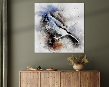 Kuifmeesje | Aquarel van een vogel in blauw, grijs en bruin, oker van MadameRuiz