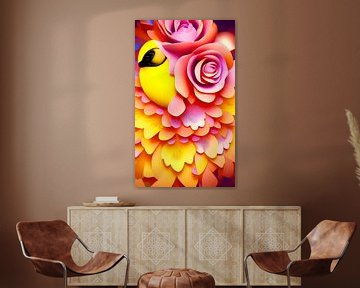 Bright Yellow and Flowers IV - Yellow bird and roses - figurative illustration by Lily van Riemsdijk - Art Prints with Color