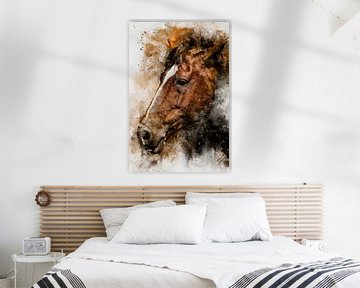 Cheval brun, Aquarelle d'un cheval en brun, blanc, noir et cuivre