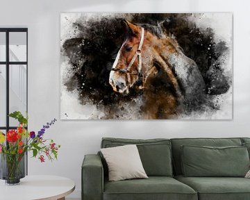 Braunes Pferd, Aquarell eines Pferdes in Braun, Weiß, Schwarz und Kupfer