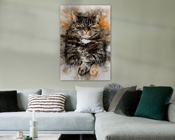 Skurrile Katze, Aquarell in Braun, Schwarz, Weiß und Kupferfarben von MadameRuiz