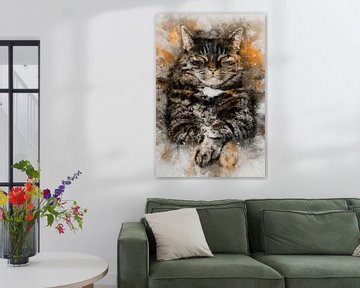 Eigenwijze kat, aquarel in bruin, zwart, wit en koperkleur