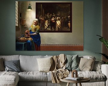 Het melkmeisje en de Nachtwacht-Vermeer en Rembrandt van Digital Art Studio