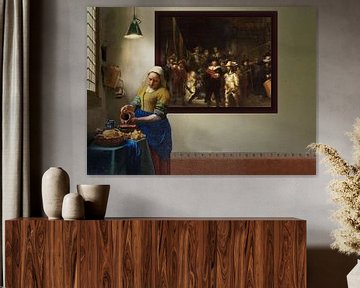 Het melkmeisje en de Nachtwacht-Vermeer en Rembrandt van Foto Amsterdam/ Peter Bartelings