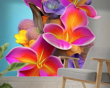 Still life with flowers II - turquoise vase with flowers