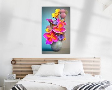 Stilleven met bloemen II - turquoise vaas met bloemen van Lily van Riemsdijk - Art Prints with Color