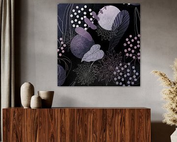 Purple Night Botanical  Vibes with Moons, Flowers and Leaves. Lilac, blue, silver and black colors by Dina Dankers