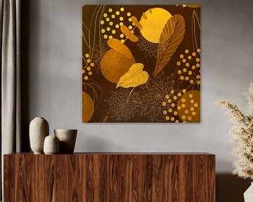 Golden Night Botanical Vibes with Moons, Flowers and Leaves. Yellow, gold, ocher and dark brown colo by Dina Dankers