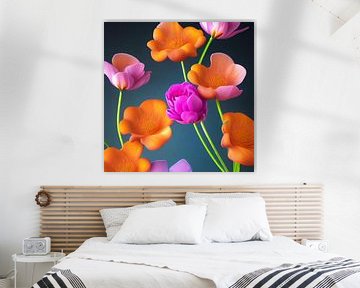 Still Life with Flowers VI - orange, pink and stems light green by Lily van Riemsdijk - Art Prints with Color