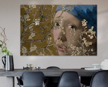 Meisje met de parel -amandelbloesem goudkleurig van Digital Art Studio