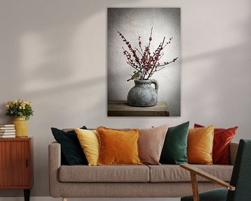Still life vase with berries and sparrow by Marjolein van Middelkoop