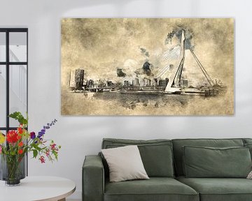 Le pont Erasmus à Rotterdam (style ancien, aquarelle) sur Art by Jeronimo