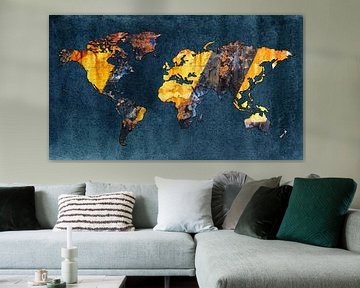 Wereldkaart Roest | Yellow Black en Petrolblue aquarel van Wereldkaarten.Shop
