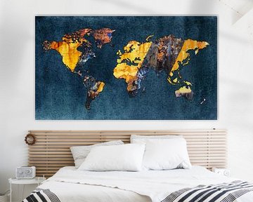 Wereldkaart Roest | Yellow Black en Petrolblue aquarel van WereldkaartenShop
