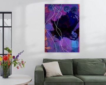 Abstract modern schilderij. Organische vormen in paars, blauw, zwart en wit van Dina Dankers
