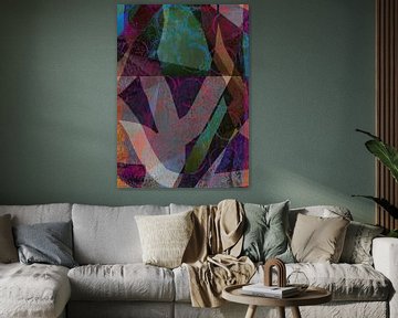 Abstract modern schilderij. Organische vormen in groen, rood, paars en blauw van Dina Dankers