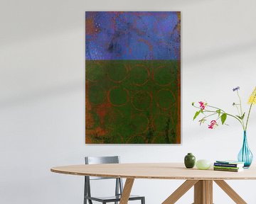 Abstract modern schilderij. Organische vormen in blauw, groen en roestbruin van Dina Dankers