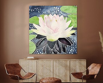 Roze lotus in sprankelend water (aquarel schilderij bloemen planten vijver yoga boeddhisme vierkant) van Natalie Bruns