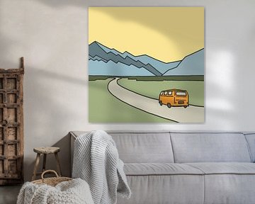 Hippie road trip Mount Cook Nieuw Zeeland (lijntekening line-art VW bus vierkant bucketlist abstract van Natalie Bruns