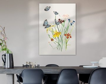 Flowers and butterflies met neutrale achtergrond, botanische prent van Studio Allee